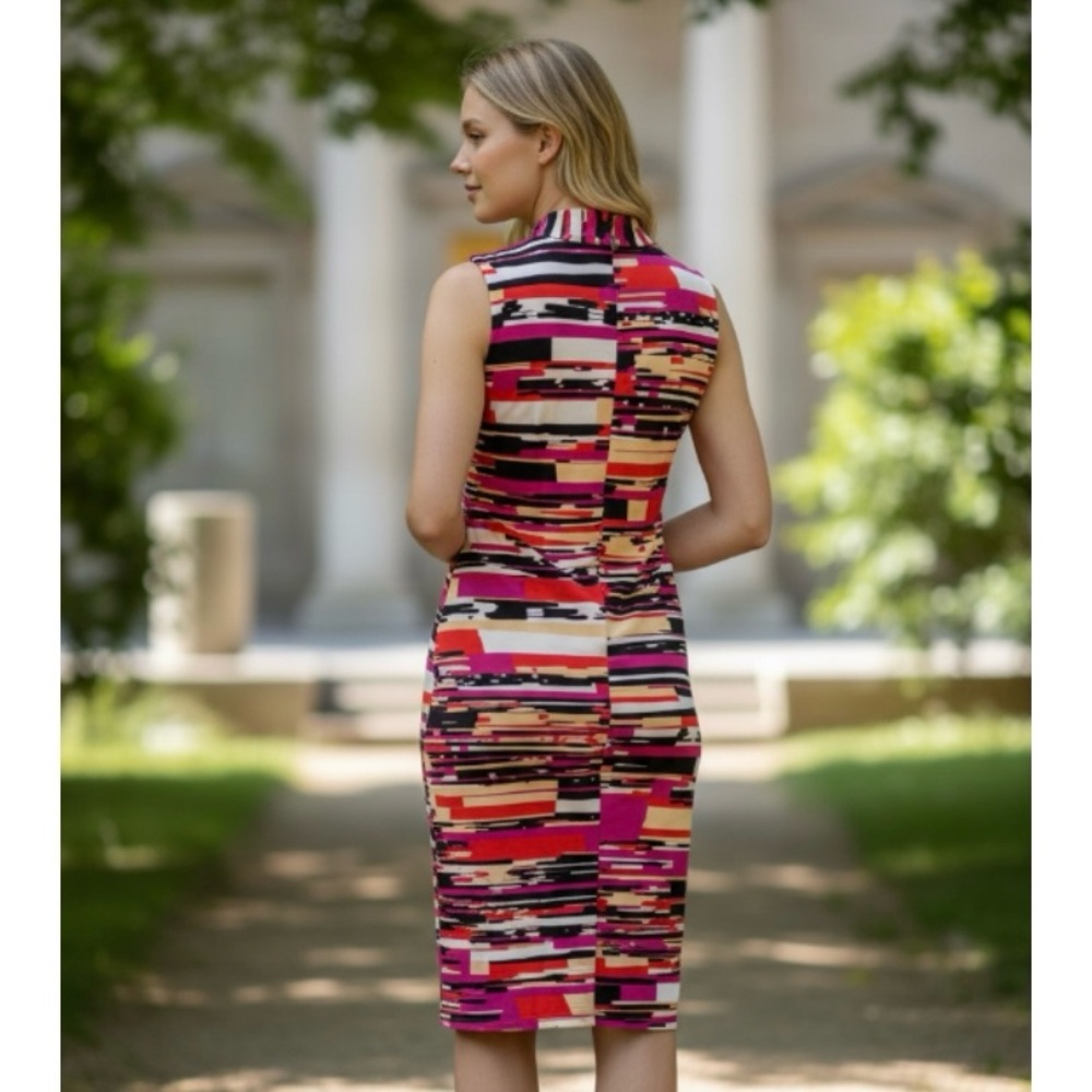 Muse Abstract Print V Neck Faux Wrap Ruched Dress - Picture 3 of 16